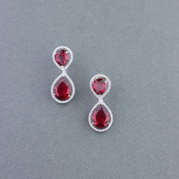 Women's 18K Silver Plated Red Cz & American Diamond Stone Studded Beautiful Earrings - I Jewels