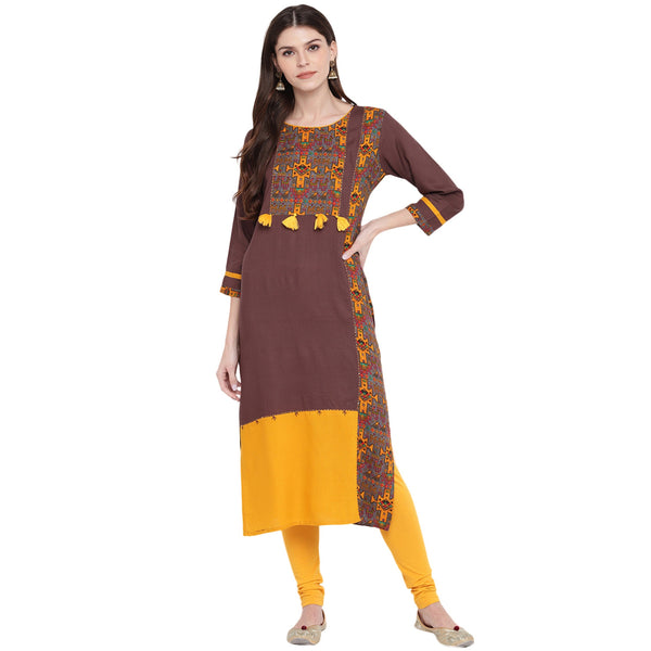 Women's Brown & Yellow Rayon Kurta By Vbuyz (1Pc)