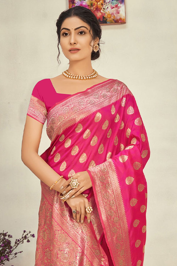 Women's Pink Silk Woven Zari Work Traditional Tassle Saree - Sangam Prints