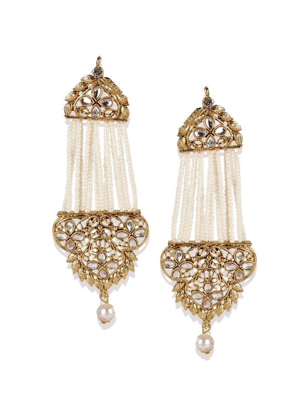 Women's White & Gold-Plated Handcrafted Kundan Pearl Studded Multistrand Earrings - Anikas Creation