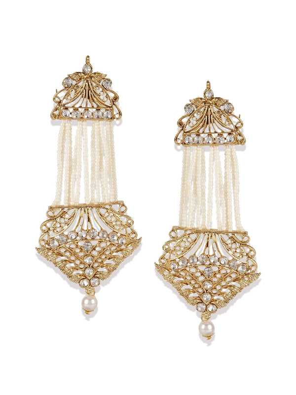 Women's White & Gold-Plated Handcrafted Kundan Pearl Studded Multistrand Earrings - Anikas Creation