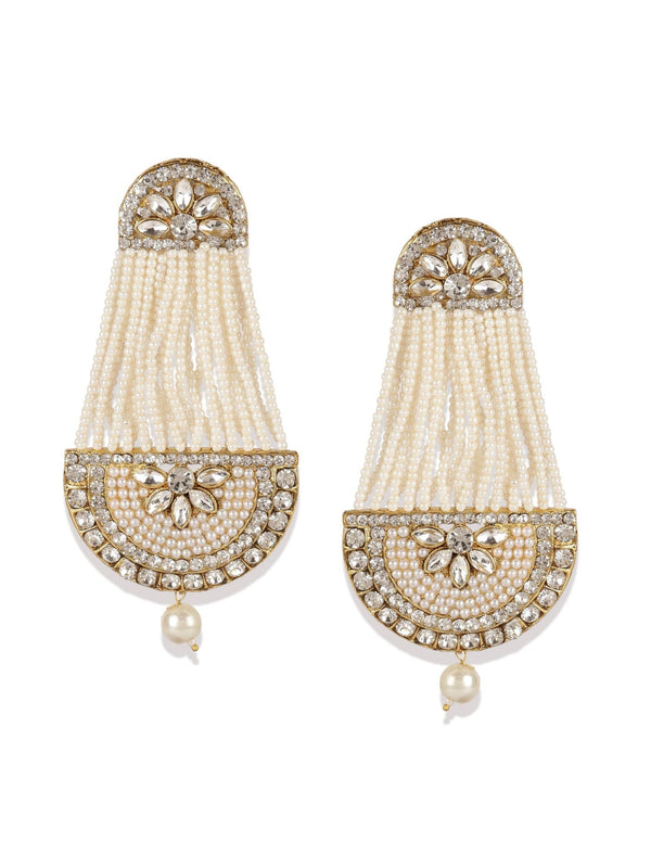 Women's White & Gold-Plated Handcrafted Kundan Pearl Studded Multistrand Earrings - Anikas Creation