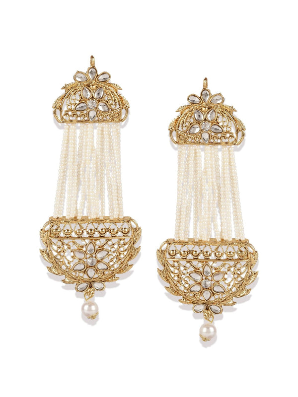 Women's White & Gold-Plated Handcrafted Kundan Pearl Studded Multistrand Earrings - Anikas Creation