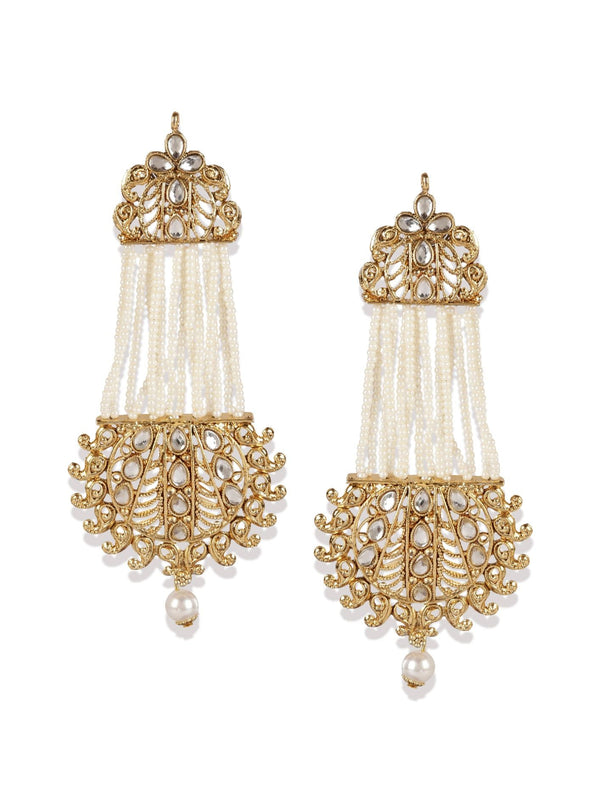 Women's White & Gold-Plated Handcrafted Kundan Pearl Studded Multistrand Earrings - Anikas Creation