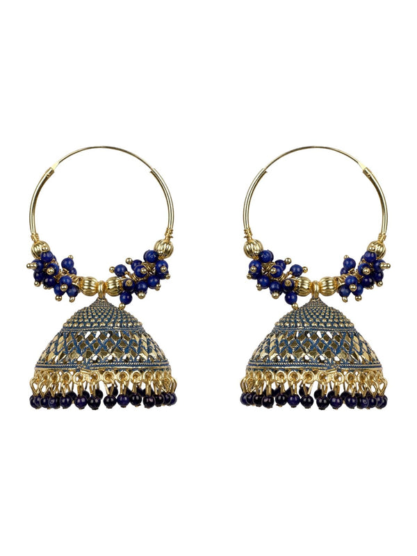 Women's Traditonal Gold Plated Enamelled Blue Dome Shape Jhumki With Bali - Anikas Creation