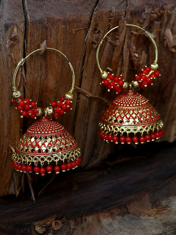 Women's Red & Gold-Plated Enamelled Dome Shaped Jhumkas - Anikas Creation