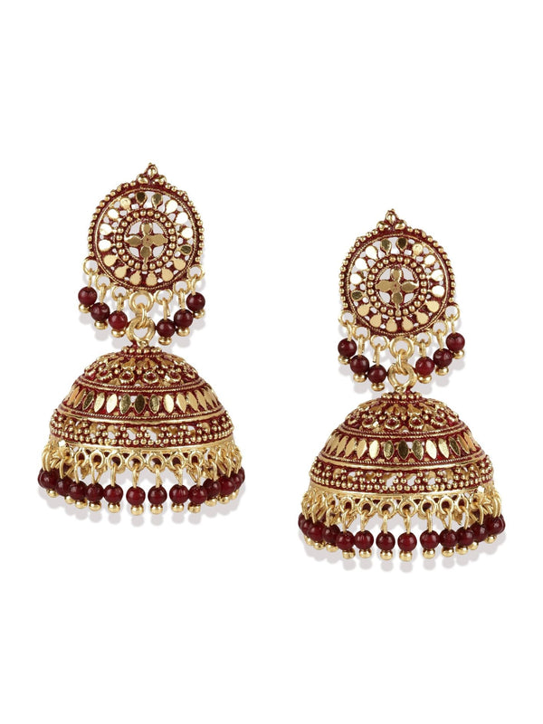 Women's Gold Plated & Maroon Dome Shaped Enamelled Jhumkas - Anikas Creation