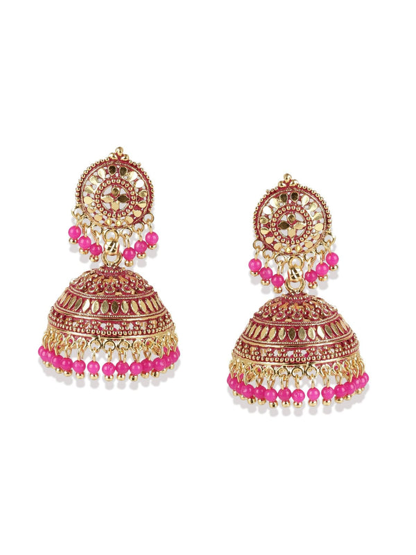 Women's Gold Plated Pink Dome Shaped Enamelled Jhumkas - Anikas Creation