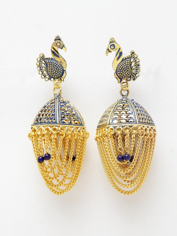 Women's Gold-Plated Enamelled Tasselled With Chain Strings Jhumki / Jhumka-Onesize-Blue - Anikas Creation