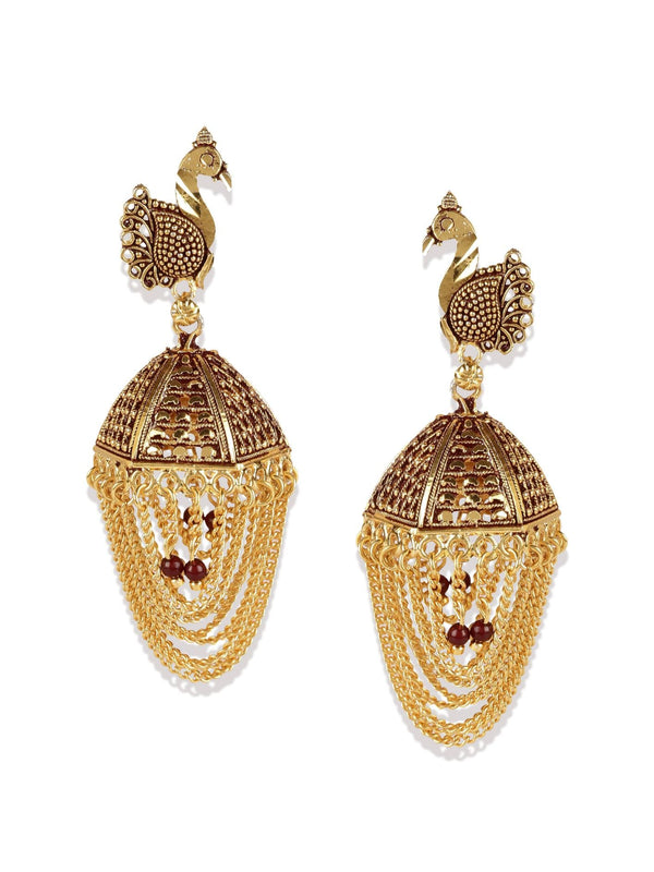 Women's Gold Plated & Maroon Enamelled Peacock Shaped Jhumkas - Anikas Creation