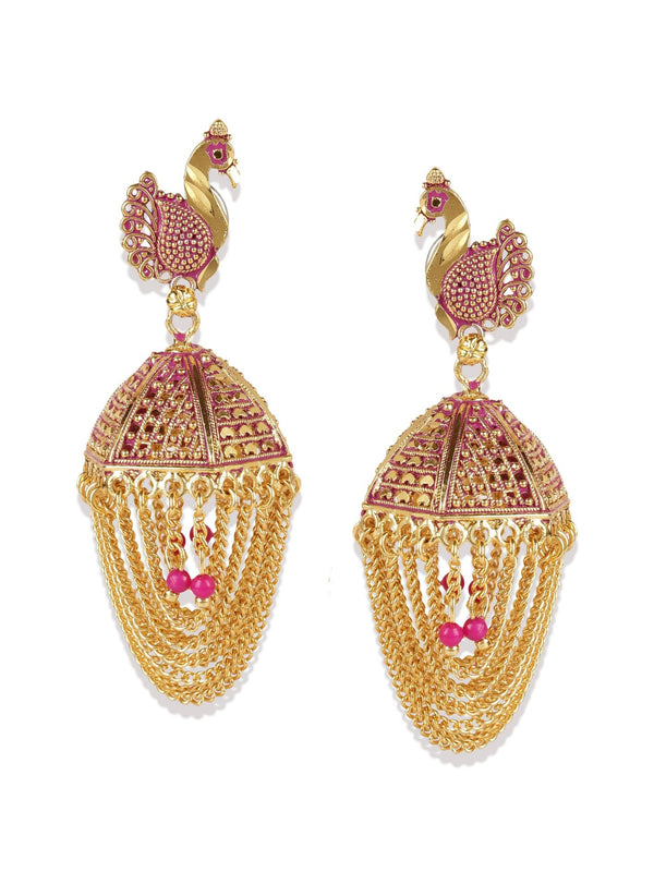 Women's Gold Plated & Pink Enamelled Peacock Shaped Jhumkas - Anikas Creation