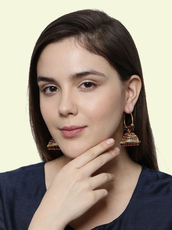 Women's Maroon & Gold-Plated Enamelled Dome Shaped Jhumkas - Anikas Creation