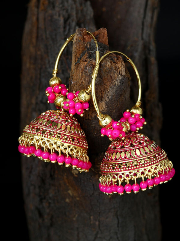 Women's Pink & Gold-Plated Enamelled Dome Shaped Jhumkas - Anikas Creation