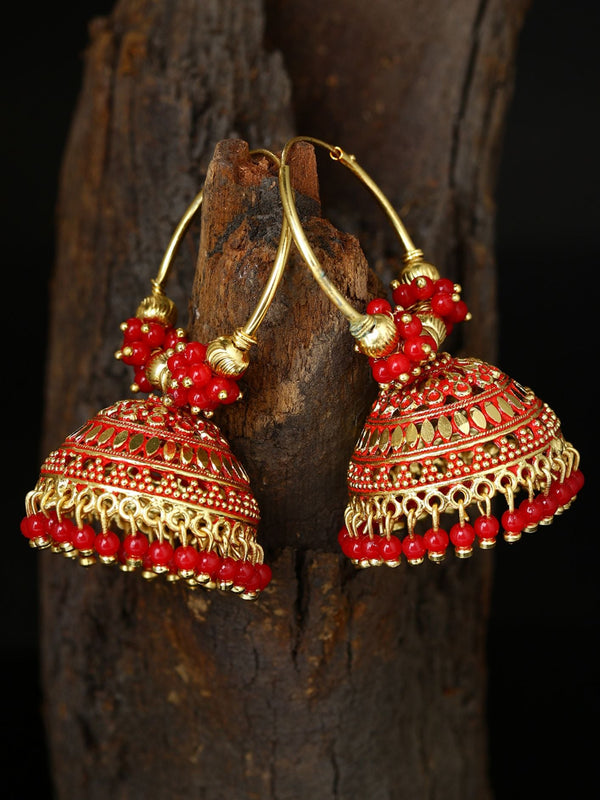 Women's Red & Gold-Plated Enamelled Dome Shaped Jhumkas - Anikas Creation