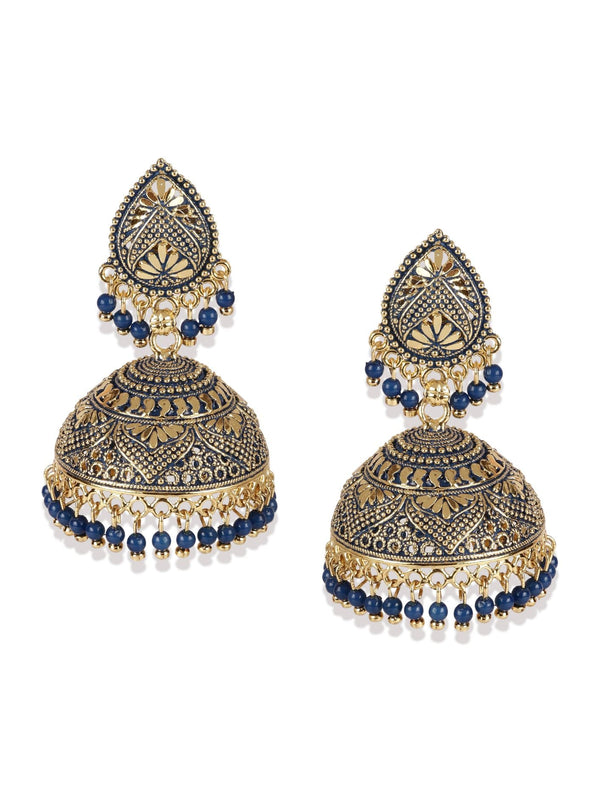 Women's Gold Plated & Blue Dome Shaped Enamelled Jhumkas - Anikas Creation