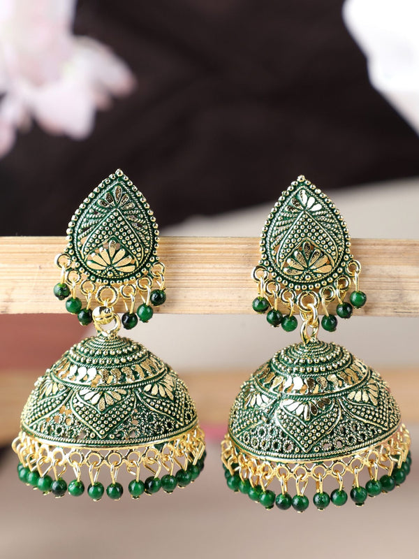 Women's Dazzling Gold Plated Traditional Green Brass Enamelled Dome Shaped Jhumka Earring - Anikas Creation