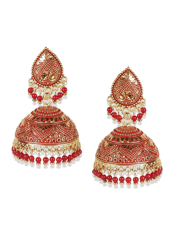 Women's Gold Plated & Red Dome Shaped Enamelled Jhumkas - Anikas Creation