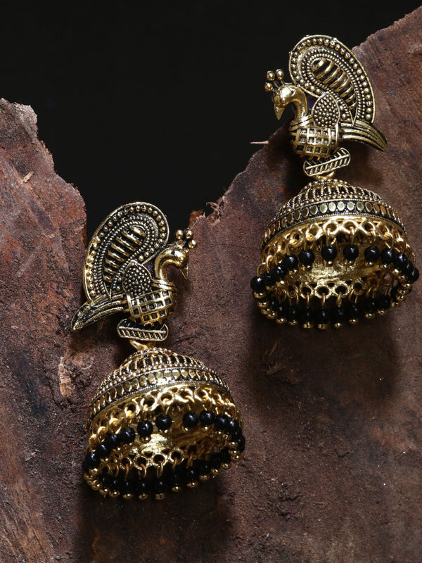 Women's Gold Plated & Black Enamelled Dome Shaped Jhumkas - Anikas Creation