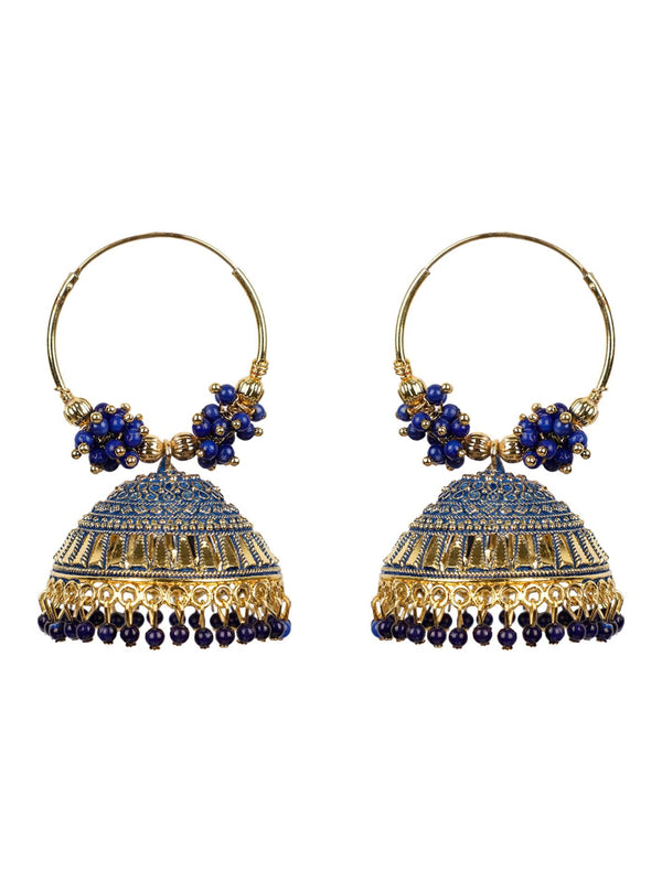 Women's Traditonal Gold Plated Enamelled Blue Dome Shape Jhumki With Bali - Anikas Creation