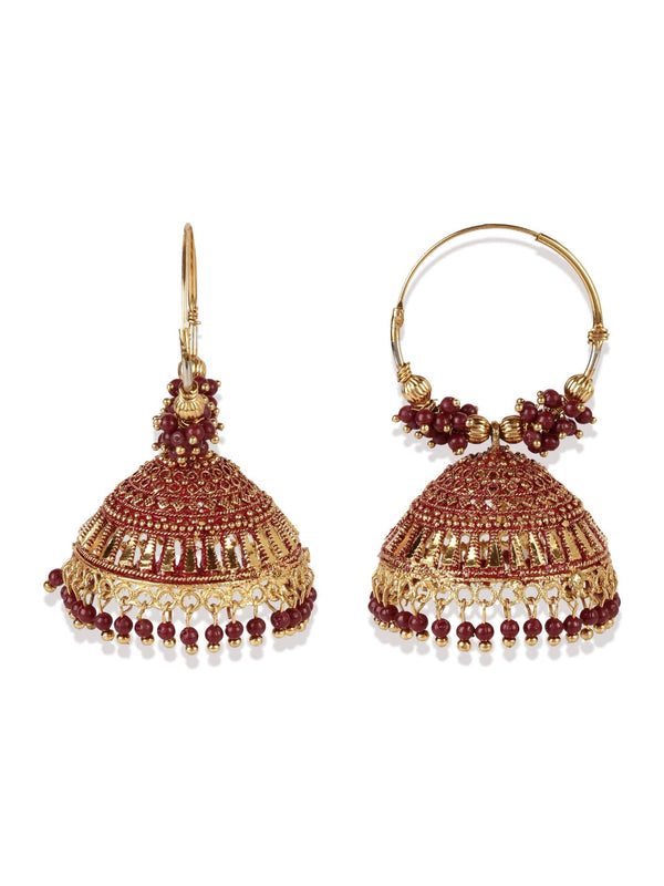 Women's Maroon & Gold-Plated Enamelled Dome Shaped Jhumkas - Anikas Creation