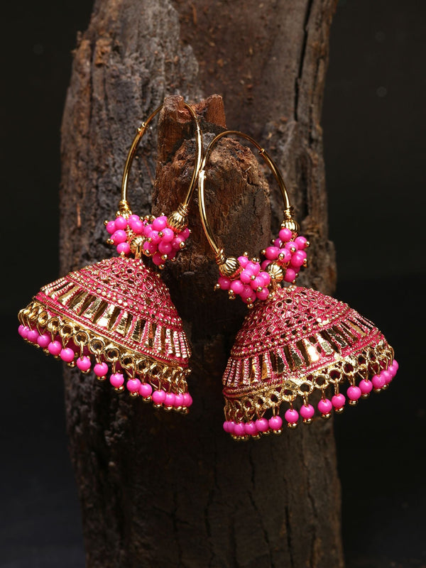 Women's Pink & Gold-Plated Enamelled Dome Shaped Jhumkas - Anikas Creation