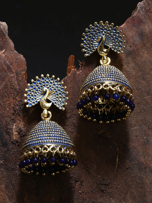 Women's Gold Plated & Blue Enamelled Peacock Shaped Jhumkas - Anikas Creation