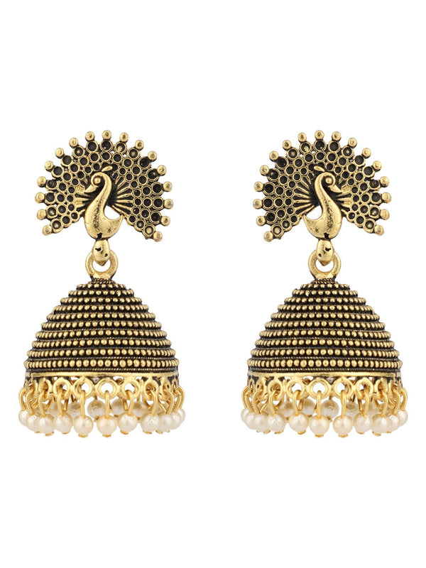 Women's Gold Plated Traditional Peacock Shape Pearl Brass Jhumka Earrings - Anikas Creation