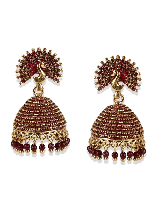 Women's Gold Plated & Maroon Enamelled Peacock Shaped Jhumkas - Anikas Creation