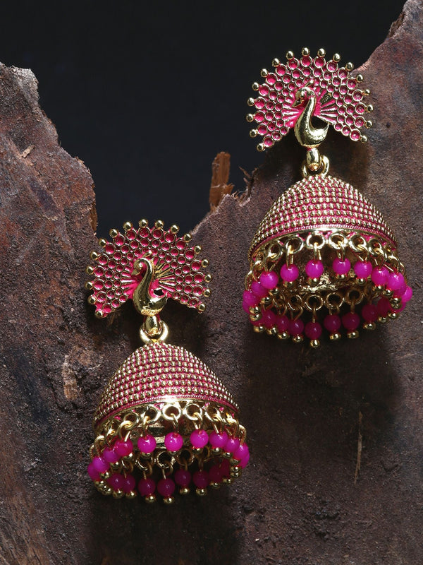 Women's Gold Plated & Pink Peacock Shaped Enamelled Jhumkas - Anikas Creation