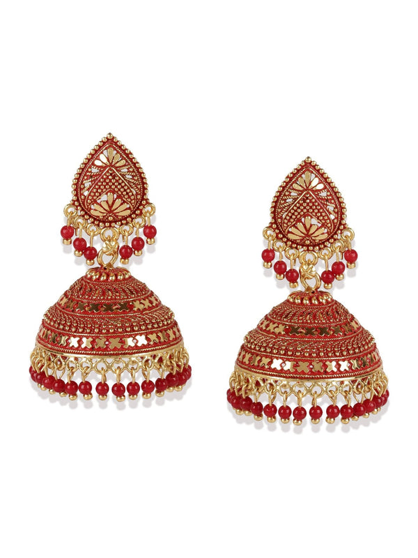 Women's Gold Plated & Red Dome Shaped Enamelled Jhumkas - Anikas Creation