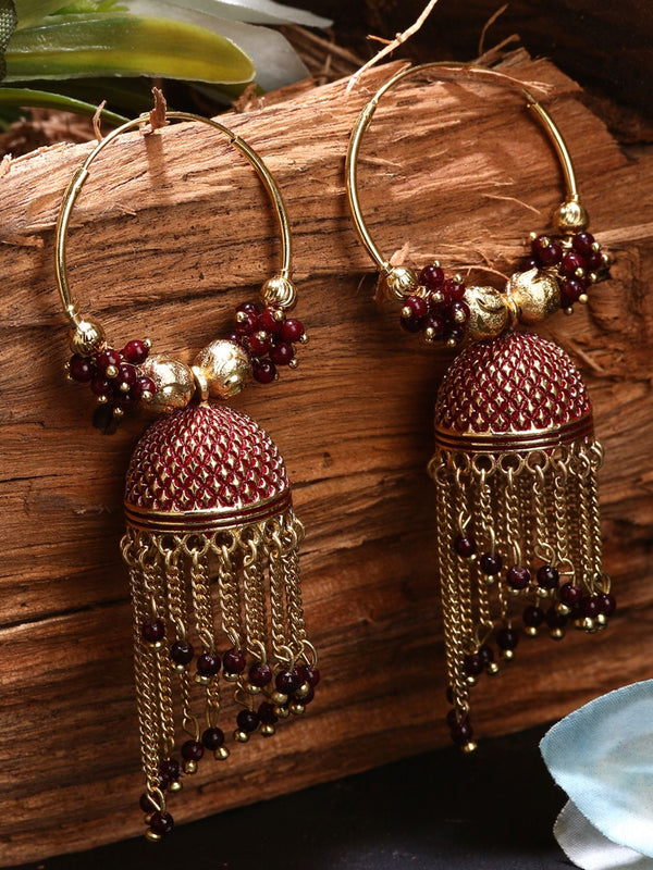 Women's Maroon & Gold-Plated Enamelled Dome Shaped Jhumkas - Anikas Creation