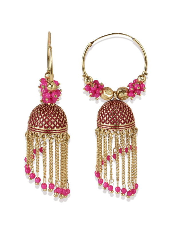 Women's Pink & Gold-Plated Enamelled Dome Shaped Jhumkas - Anikas Creation