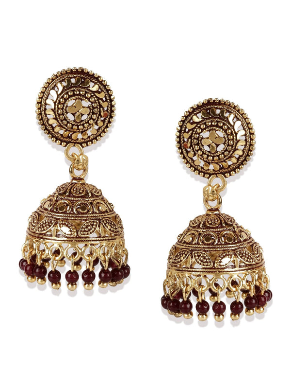 Women's Maroon & Gold-Plated Enamelled Dome Shaped Jhumkas - Anikas Creation