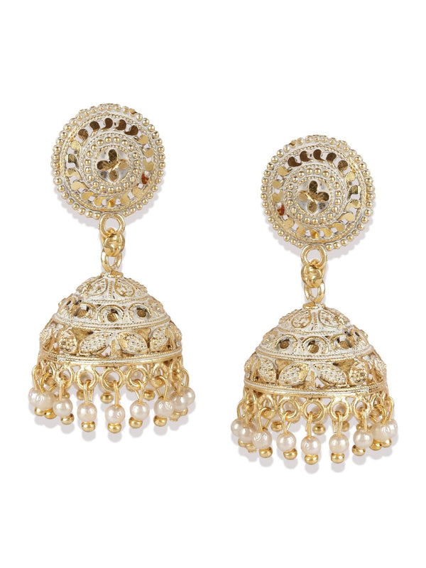 Women's White & Gold-Plated Enamelled Dome Shaped Jhumkas - Anikas Creation