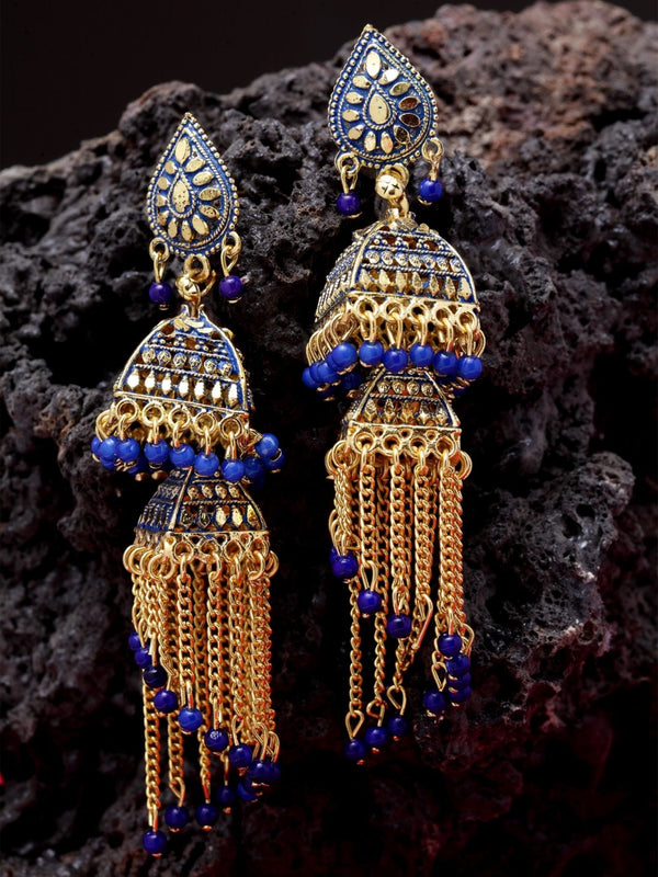 Women's Gold-Plated Enamelled 2 Floor Tasselled With Chain Strings Jhumki / Jhumka-Onesize-Blue - Anikas Creation