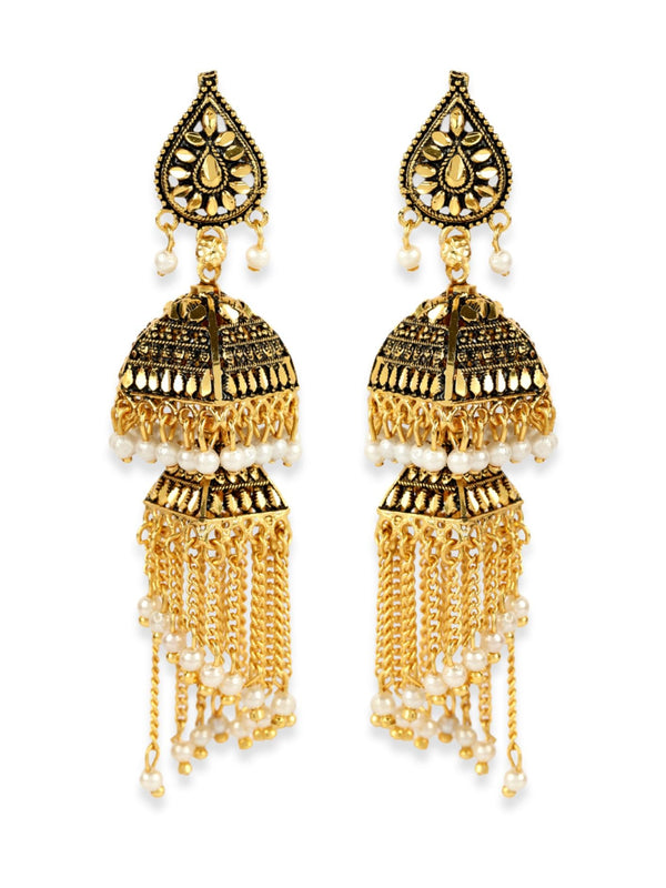 Women's Gold-Plated Enamelled 2 Floor Tasselled With Chain Strings Jhumki / Jhumka-Onesize-Gold - Anikas Creation