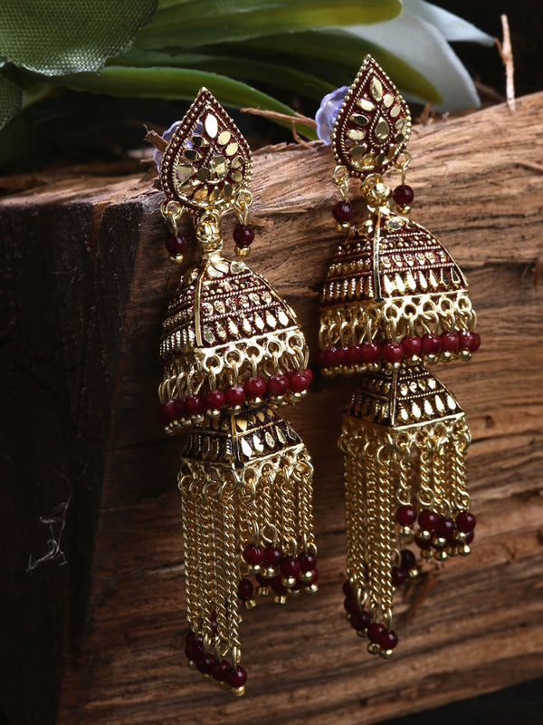 Women's Maroon & Gold-Plated Enamelled Dome Shaped Jhumkas - Anikas Creation