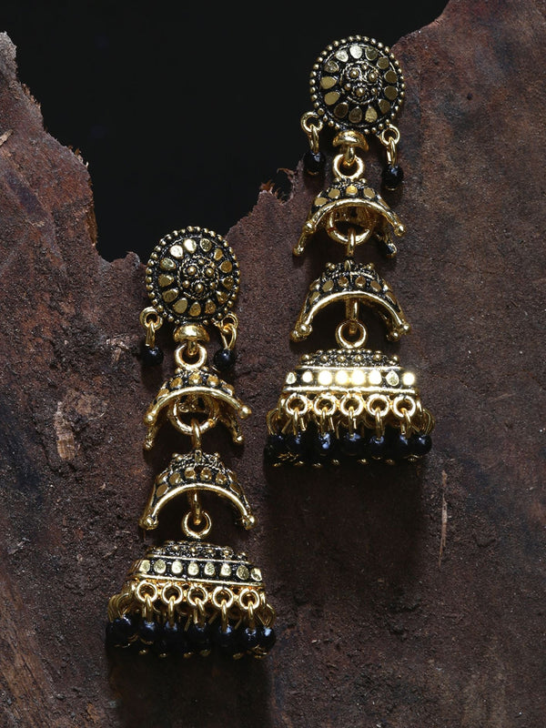 Women's Gold-Toned & Black Dome Shaped Jhumkas - Anikas Creation