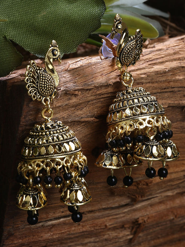 Women's Gold Plated & Black Enamelled Peacock Shaped Jhumkas - Anikas Creation