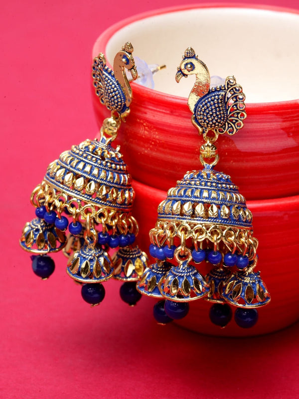 Women's Traditional Gold-Plated Enamelled Peacock With Small Jhumki Feathers-Onesize-Blue - Anikas Creation