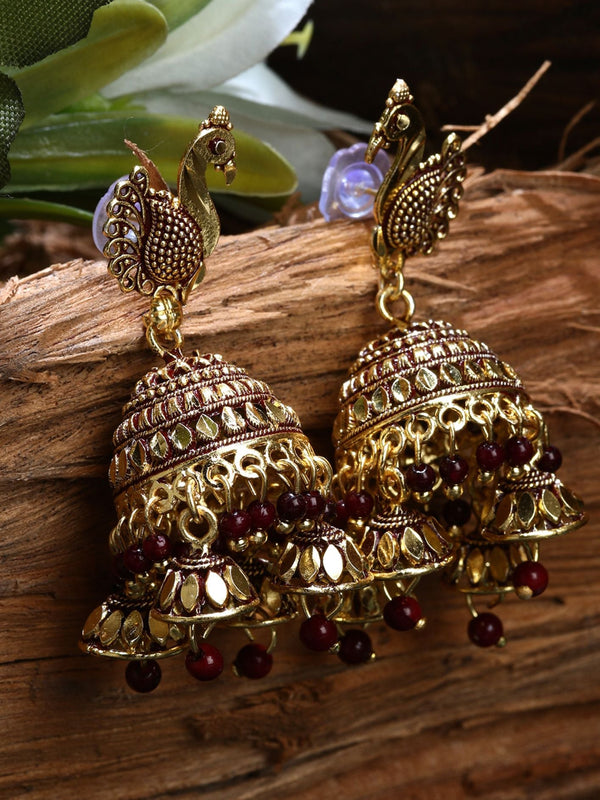 Women's Gold Plated & Maroon Enamelled Dome Shaped Jhumkas - Anikas Creation