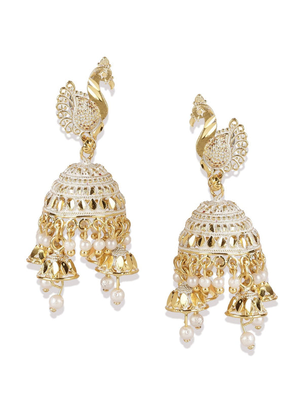 Women's Gold Plated White Peacock Shaped Enamelled Jhumkas - Anikas Creation