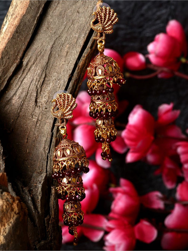 Women's Gold Plated & Maroon Peacock Shaped Enamelled Jhumkas - Anikas Creation