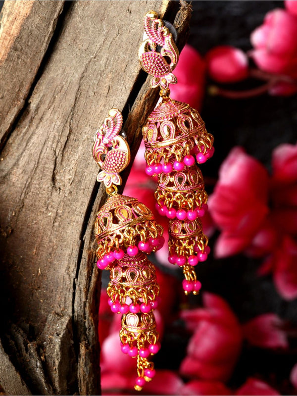 Women's Gold Plated & Pink Enamelled Dome Shaped Jhumkas - Anikas Creation