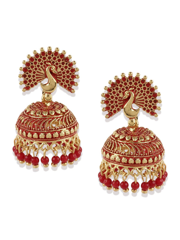 Women's Red & Gold-Plated Enamelled Dome Shaped Jhumkas - Anikas Creation