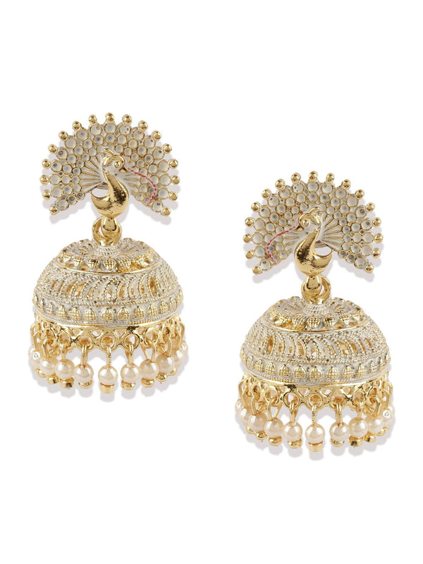 Women's White & Gold-Plated Enamelled Dome Shaped Jhumkas - Anikas Creation