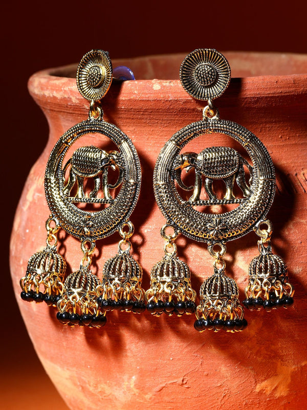 Women's Gold Plated & Black Circular Shaped Enamelled Drop Earrings - Anikas Creation