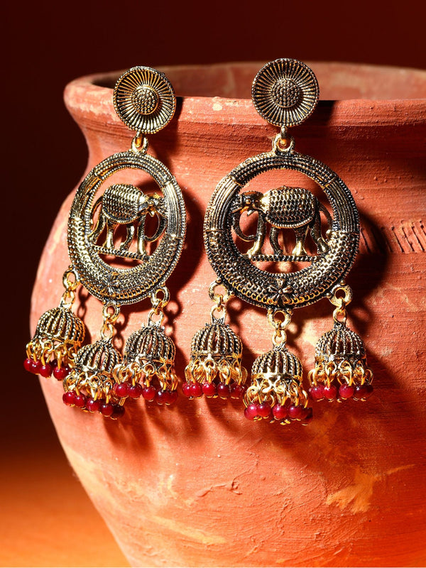 Women's Gold Plated & Maroon Enamelled Circular Shaped Drop Earrings - Anikas Creation