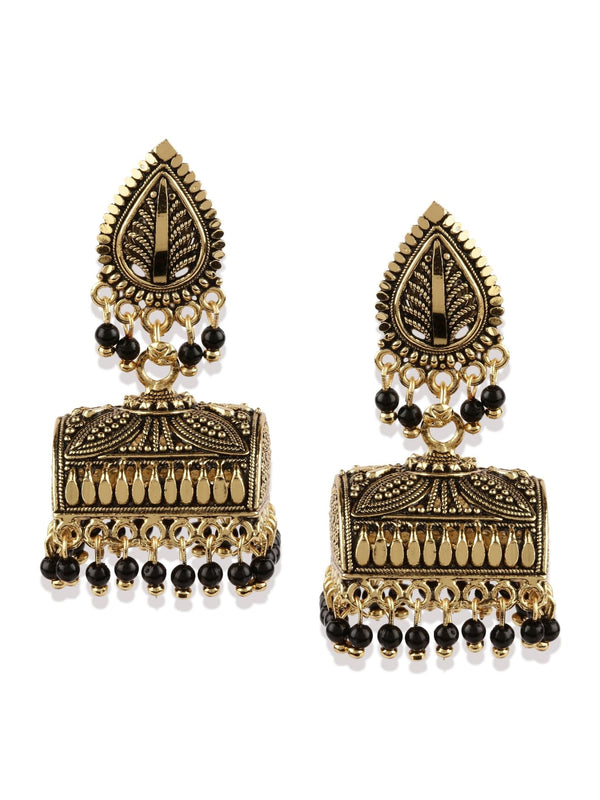 Women's Gold Plated & Black Enamelled Leaf Shaped Jhumkas - Anikas Creation