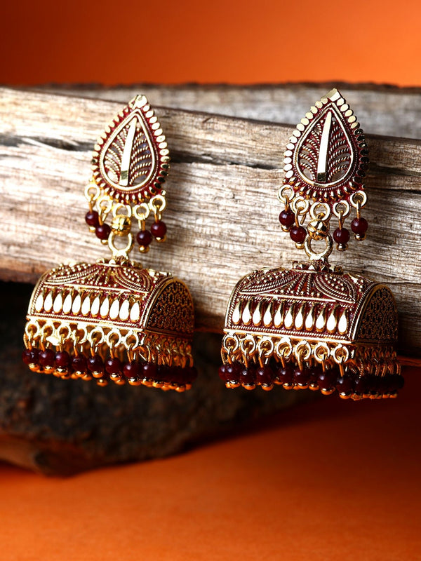 Women's Gold Plated & Maroon Leaf Shaped Enamelled Jhumkas - Anikas Creation